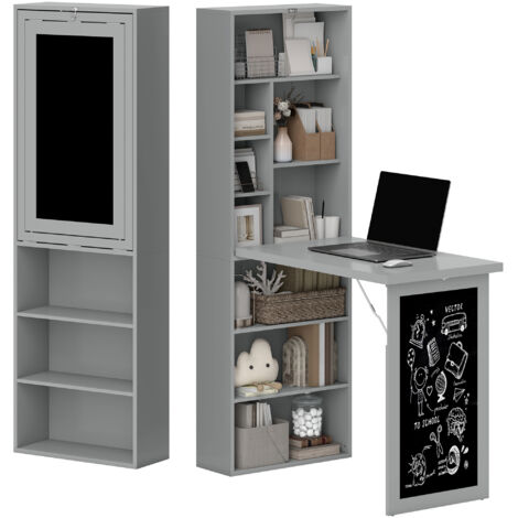 HOMCOM Scrivania Moderna Pieghevole con Libreria e Lavagna 98x51x153cm Grigio