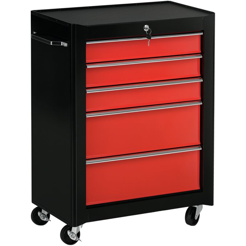 Chariot à outils - HOMCOM - 5 tiroirs verrouillable 2 clés - sur roulettes - acier - 61,5 x 33 x 82,5 cm - rouge et noir