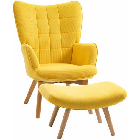 HOMCOM Sessel mit Hocker, Ohrensessel mit Hoher Rückenlehne, Holzbeine, Loungesessel mit getuftetem Design, Cord-Optik, für Wohnzimmer, Gelb