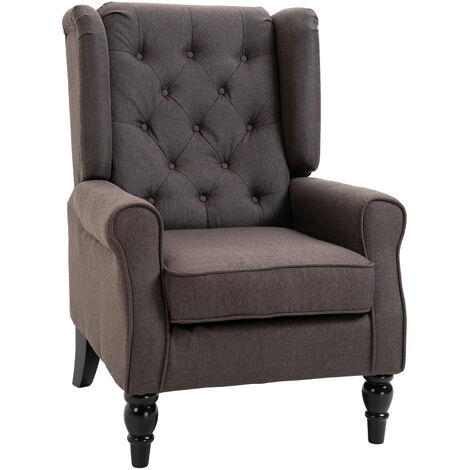 HOMCOM Sessel Ohrensessel mit Armlehnen, Loungesessel mit Kissen, Tufting, hoher Rückenlehne Armlehnensessel mit Holzbeine, Relaxsessel für Wohnzimmer, Schlafzimmer, Braun