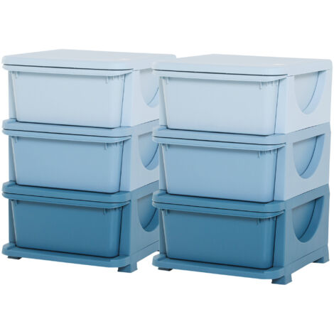 HOMCOM Set 2 Cassettiere a 3 Cassetti in PP Blu 37x37x56.5 cm