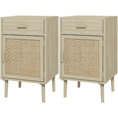 HOMCOM Set 2 Comodini con Cassetto e Anta in Rattan Stile Boho Colore Legno