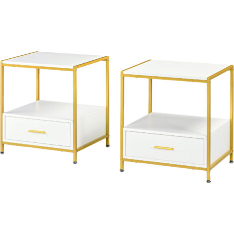 HOMCOM Set 2 Comodini con Cassetto e Ripiano Aperto Moderni Bianco e Oro