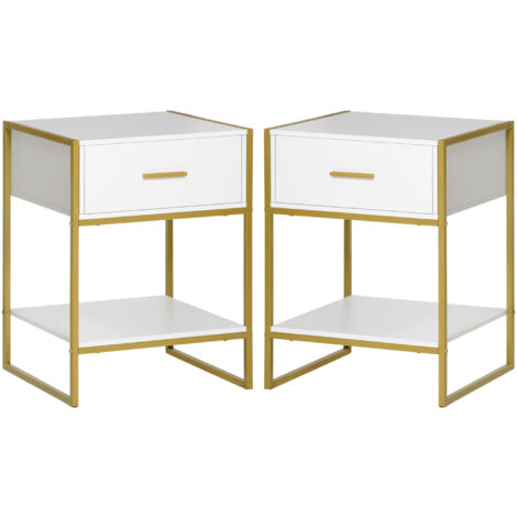 HOMCOM Set 2 Comodini Moderni in MDF e Acciaio Bianco Oro