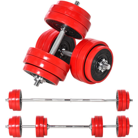 HOMCOM Set 2 in 1 Bilanciere e Manubri Pesi da 30kg, Dischi con Rivestimento in Plastica Antigraffio, Rosso e Nero