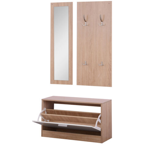 Homcom Set 3 Pezzi Scarpiera Appendiabiti Specchio da Ingresso in Legno, 80x27x46.5cm