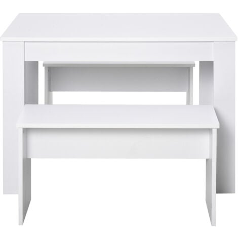 HOMCOM Set 3 Pezzi Tavolo con 2 Panche per Cucina in Legno Bianco, 2 Posti