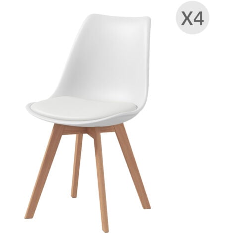 HOMCOM Set 4 Sedie da Cucina in Plastica e Legno con Cuscino Finta Pelle Bianco