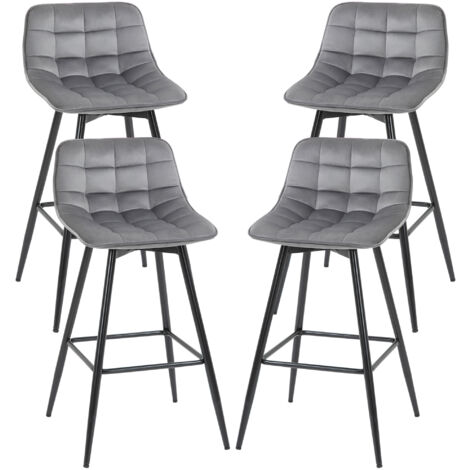 HOMCOM Set 4 Sedie Imbottite Alte Sgabelli da Bar Stile Nordico Velluto Grigio