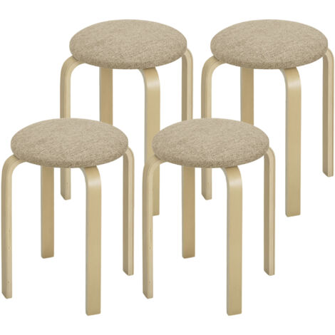 HOMCOM Set 4 Sgabelli Imbottiti e Impilabili in Tessuto e Gambe in Legno, Cachi