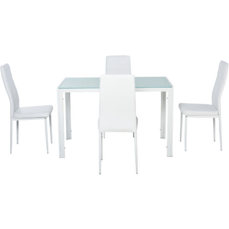 HOMCOM Set 5 Pezzi con 1 Tavolo e 4 Sedie per Cucina o Sala da Pranzo in Finta Pelle, Metallo e Vetro Temperato, Bianco