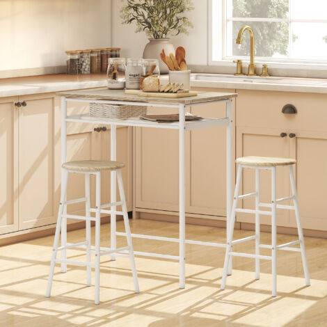 HOMCOM Set de Mesa Alta y 2 Taburetes con Estante de Almacenamiento y Marco de Metal 80x50x90 cm Blanco y Natural