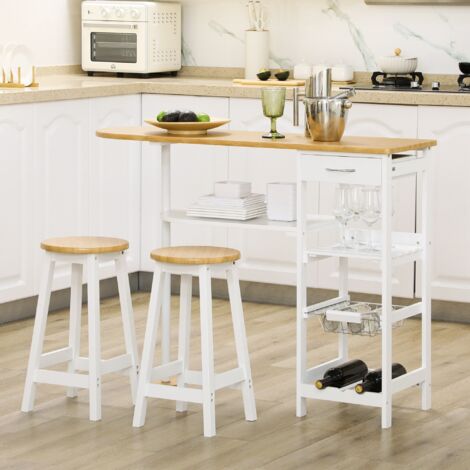 HOMCOM Set de Mesa de Bar de 119x38,5x88,5 cm con Cesta Extraíble y Botellero y 2 Taburetes de 29x29x55 cm Blanco