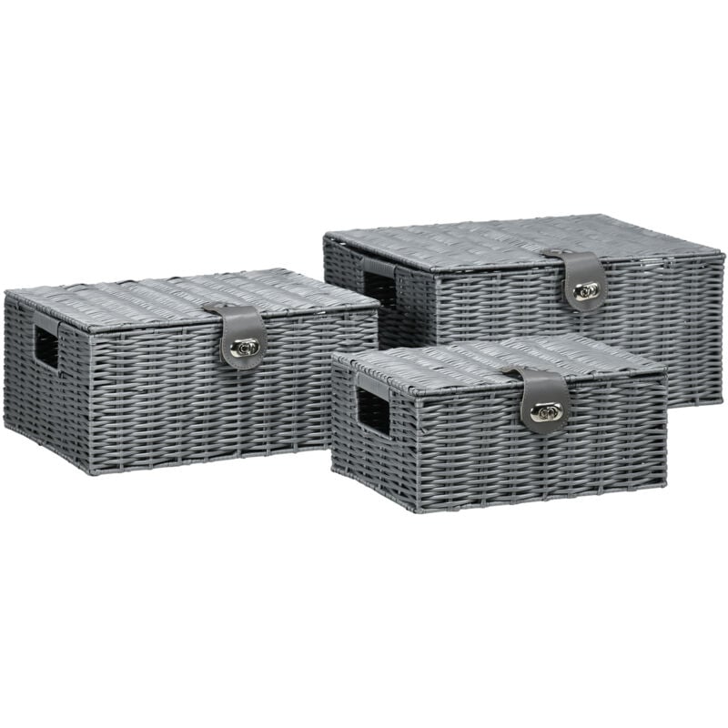 Homcom - Set di 3 Cesti in Vimini pp con Coperchio di Diverse Dimensioni, Grigio