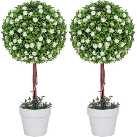 HOMCOM Set of 2 Artificial Plants with Rose Flower in Pot, 60cm, White