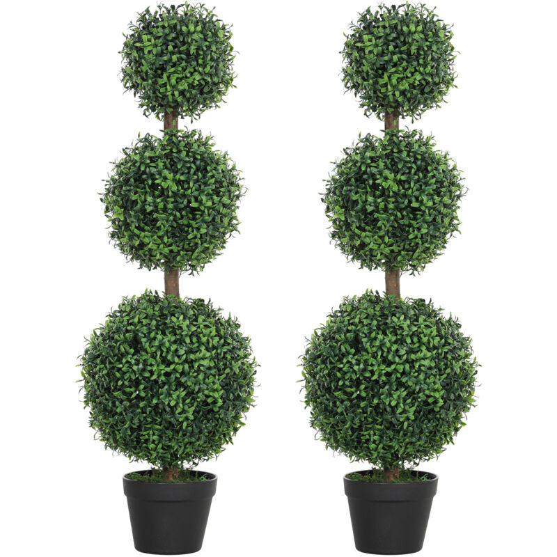 Homcom - Set of 2 Decorative Artificial Plants Boxwood Trees in Pot, Green