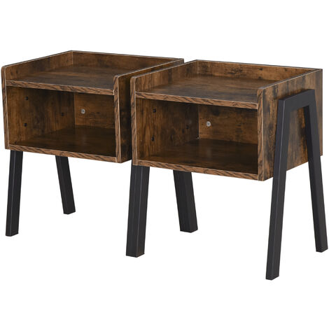 main image of "HOMCOM Set of 2 Industrial Side Tables Rustic Style Storage w/ 2 Shelves Brown"