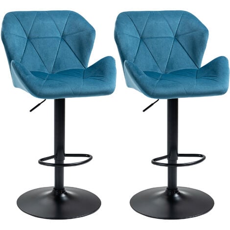 main image of "HOMCOM Set Of 2 Luxurious Velvet-Touch Bar Stools w/ Metal Frame Footrest Round Base Triangle Indenting Moulded Seat Adjustable Height Swivel Blue"