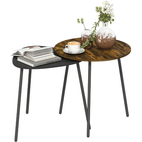 HOMCOM Set of 2 Nesting Side Table with Metal Frame, Rustic Brown