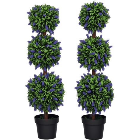 HOMCOM Set of 2 Potted Artificial Plants Ball Tree with Lavender Flowers 110cm