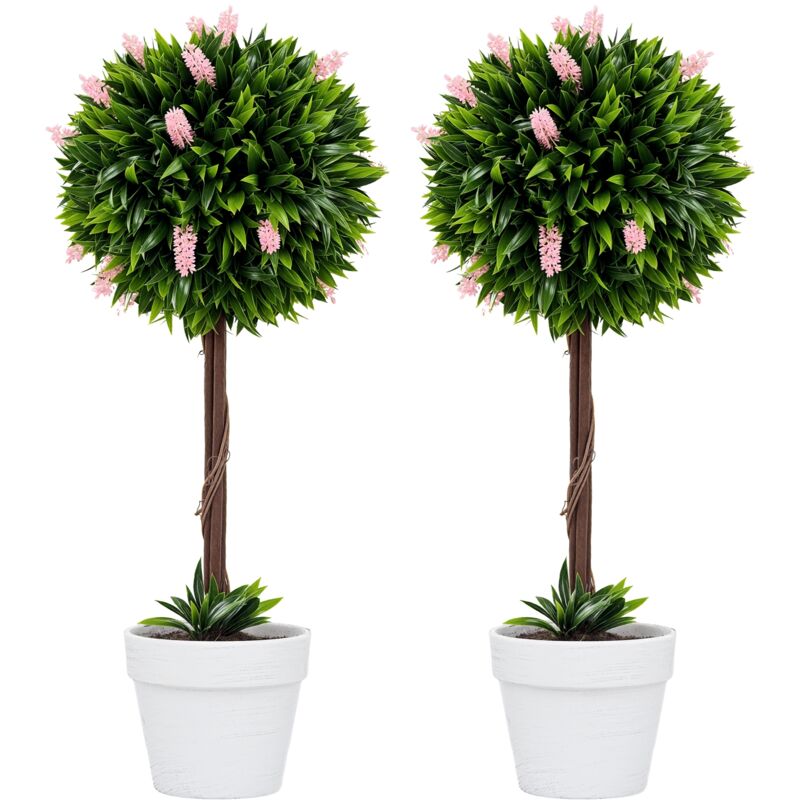 Set of 2 Potted Artificial Plants Ball Tree with Flowers Pink - Homcom