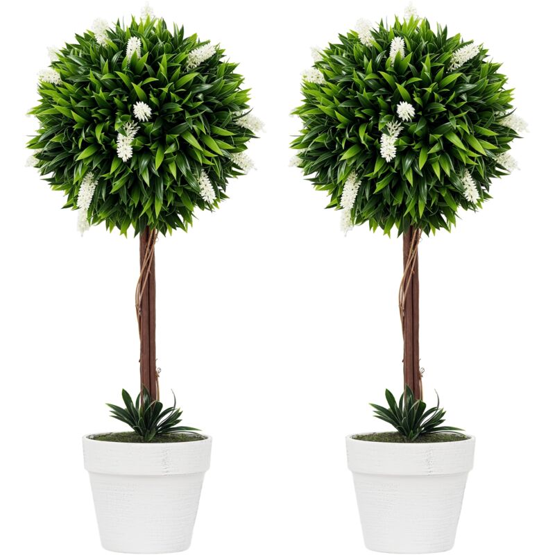 Set of 2 Potted Artificial Plants Ball Tree with Flowers White - Homcom