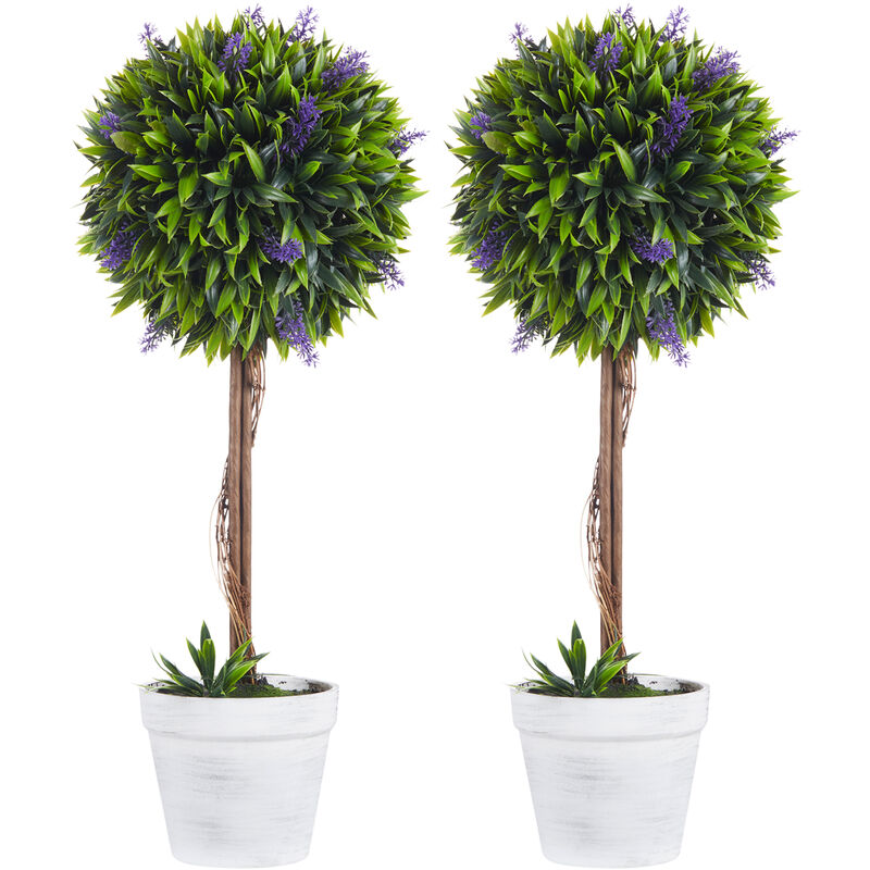 Set of 2 Potted Artificial Plants Ball Tree with Flowers Purple - Homcom