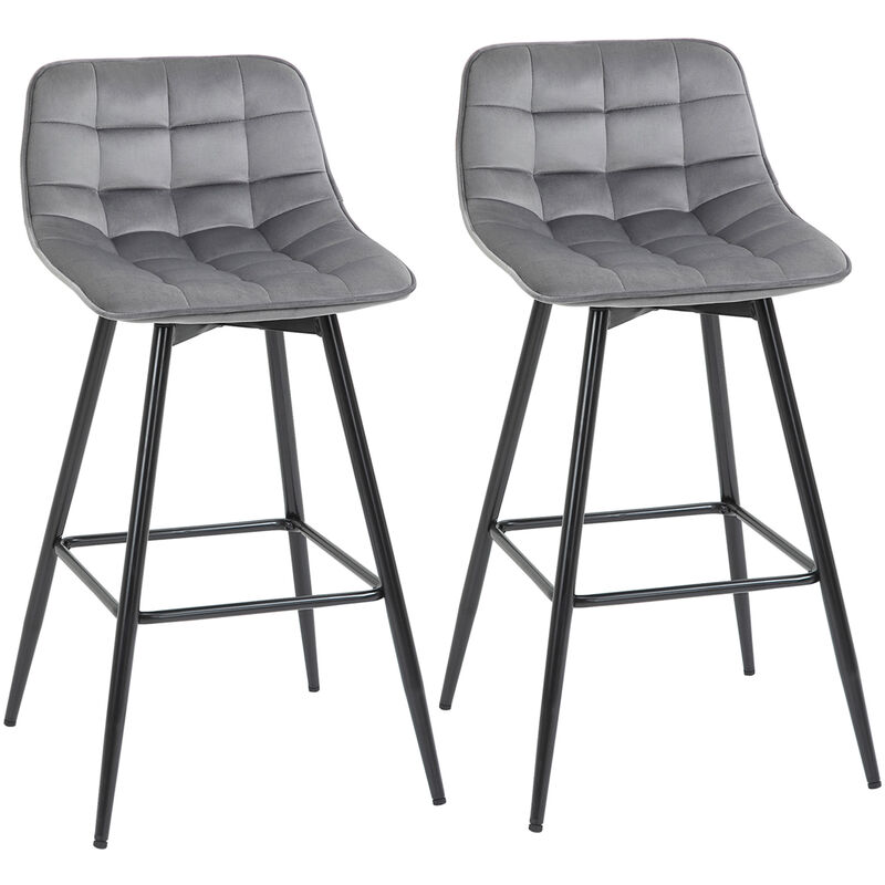 Set of 2 Velvet-Feel Bar Stools Kitchen Chairs w/ Metal Frame Grey - Homcom