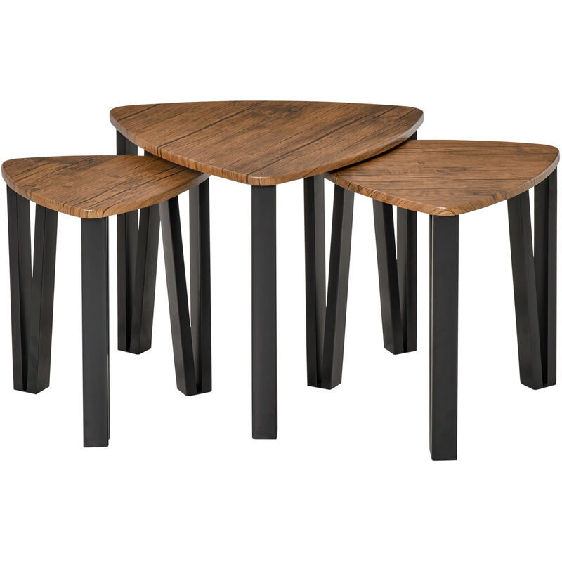 Homcom - Set Of 3 Triangle Coffee Table Steel Frame MDF Top Indoor Walnut Tone