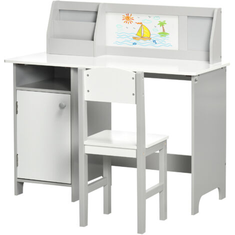 HOMCOM Set per Bambini 5 Anni con Banco Scuola con Lavagna e Sedia Bianco Grigio