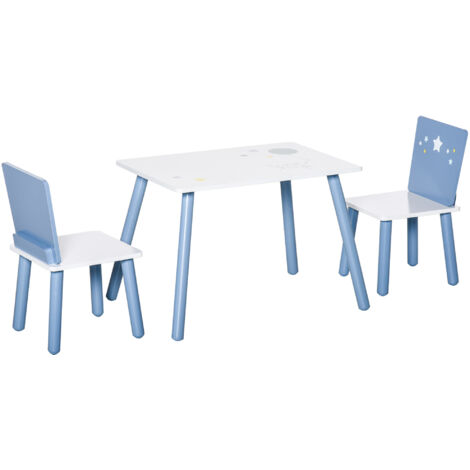 HOMCOM Set Tavolo con Sedie Bambini 2-4 Anni in Legno Bianco e Azzurro