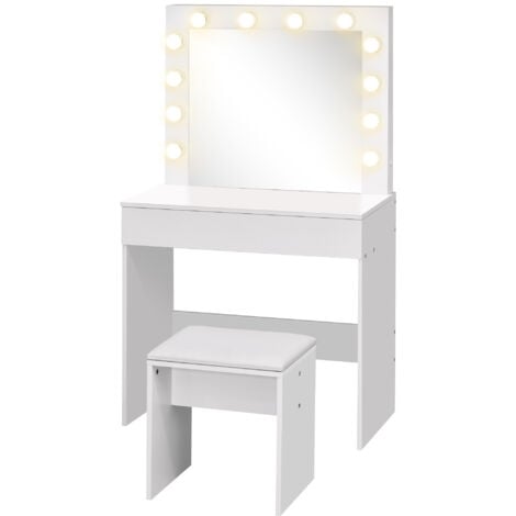 HOMCOM Set Tavolo da Trucco con Specchio 12 Luci LED e Sgabello in Legno Bianco