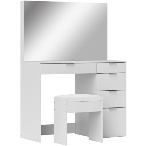 HOMCOM Set Tavolo per Trucco con Specchio e 5 Cassetti e Sgabello Bianco