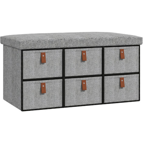 HOMCOM Shoe Bench with Cushioned Seat, 6 Fabric Drawers for Entryway Hallway Light Grey