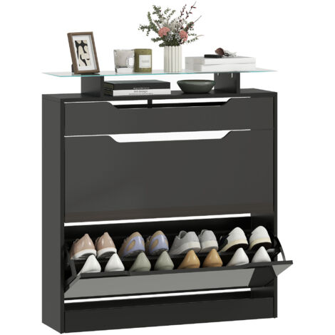 HOMCOM Shoe Cabinet with 3 Drawers, High Gloss Front Panels, Glass Top Black