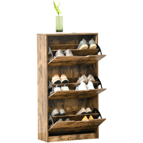main image of "HOMCOM Shoe Cabinet with 3 Flip Doors, Storage Rack with Open Compartment, Internal Dividers, for 12-18 Pairs of Shoes, Rustic Brown"