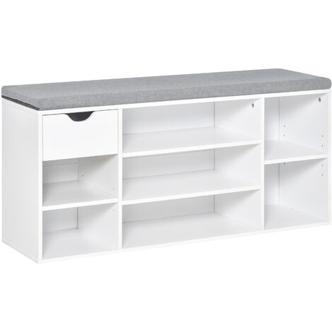 HOMCOM Shoe Storage Cabinet Bench w/ Cushion Adjustable Shelves White