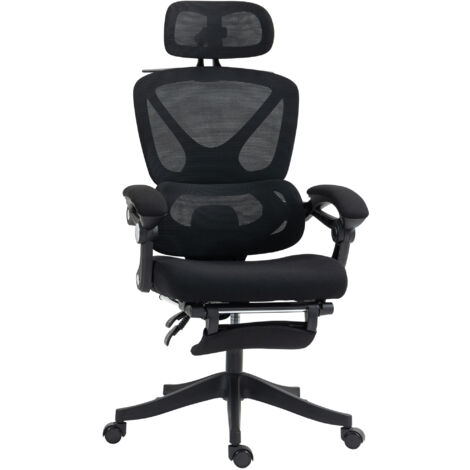 HOMCOM silla de escritorio de malla reclinable con reposacabezas soporte lumbar reposapiés y altura regulable función basculante carga 135 kg negro