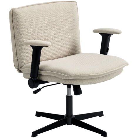 HOMCOM silla de oficina piernas cruzadas, con reposabrazos abatible, asiento ancho, sin ruedas, altura ajustable, giratoria, función basculante, crema