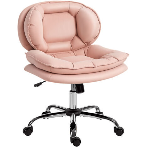 HOMCOM silla de oficina piernas cruzadas, sin brazos con asiento ancho, ruedas, altura ajustable, doble acolchado, función basculante, rosa
