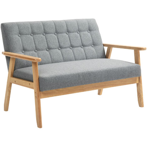 HOMCOM sillón de 2 plazas sofá de 2 plazas tapizado en lino con reposabrazos de madera respaldo acolchado carga 250 kg sillón para salón gris claro