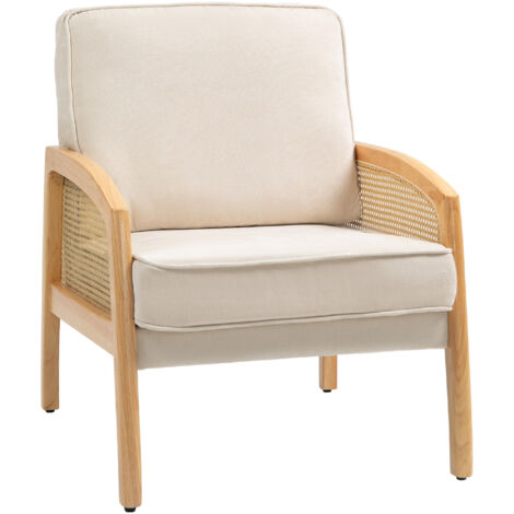 HOMCOM sillón de salón moderno butaca para dormitorio con reposabrazos de ratán cojín extraíble y patas de madera sofá individual carga 120 kg beige
