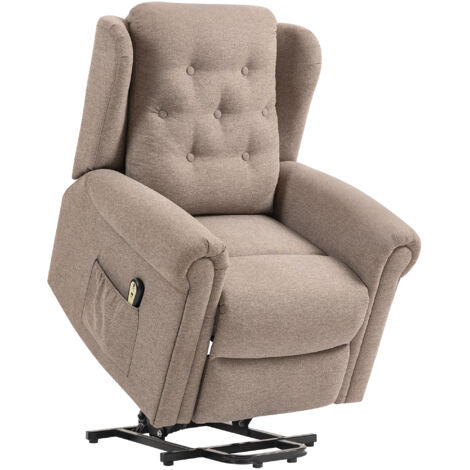 HOMCOM sillón relax reclinable eléctrico levanta personas con respaldo alto capitoné control remoto tapizado en lino y bolsillos laterales marrón