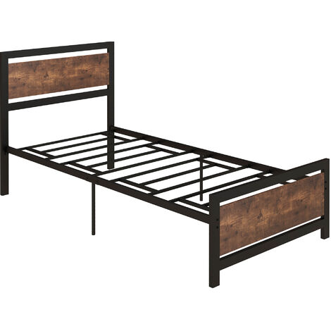 main image of "HOMCOM Single Industrial-Style Metal Bed Frame w/ Headboard Slats Home Bedroom Furniture"