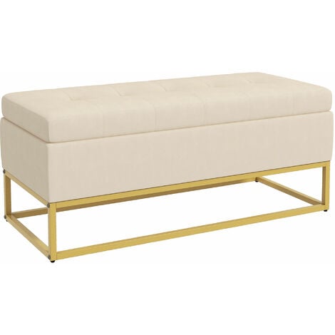 HOMCOM Sitzbank mit Stauraum, Polsterbank mit Klappdeckel, Samtoptik, Bettbank, Truhenbank mit Stahlbeine für Wohnzimmer, Schlafzimmer, Beige, 110 x 44 x 49 cm