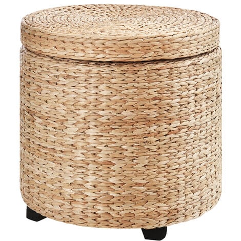 HOMCOM Sitzhocker mit Stauraum, Fußhocker, Fußstützen Hocker, Aufbewahrungsbox, Deckel Abnehmbar, Stroh Rattan, Khaki, Ø43 x 43 cm