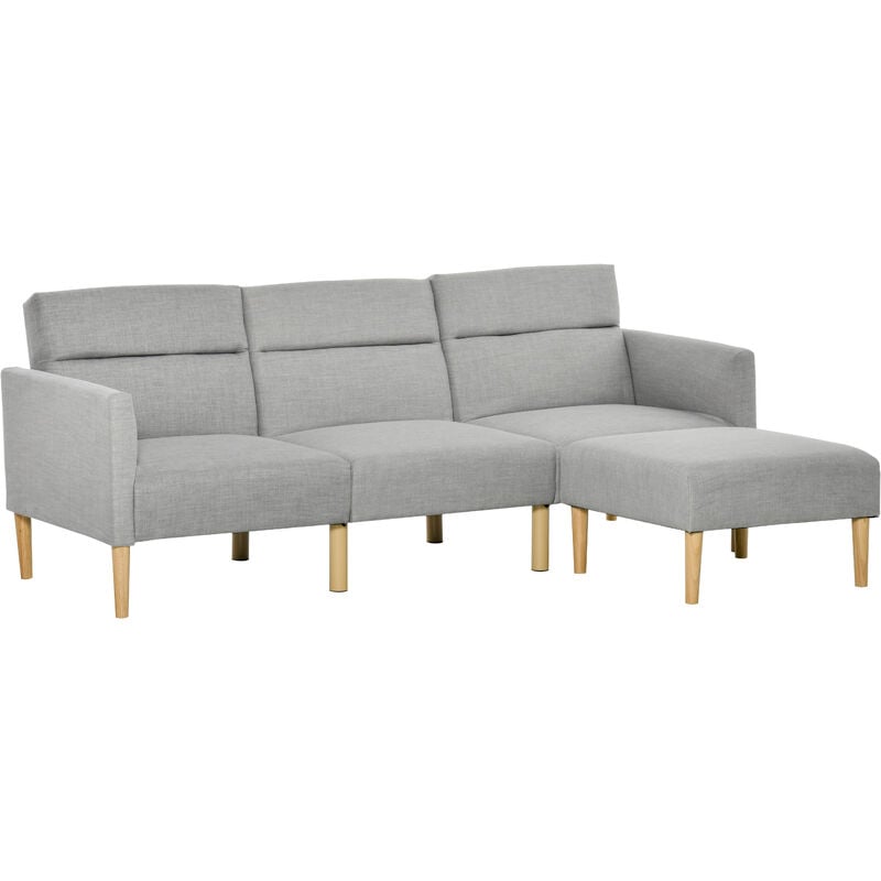 

Sofá Cama de 3 Plazas Convertible Chaise Longue con Taburete Reposapiés Respaldo Ajustable Reposabrazos y Patas de Madera 207x81x80 cm Gris - Gris