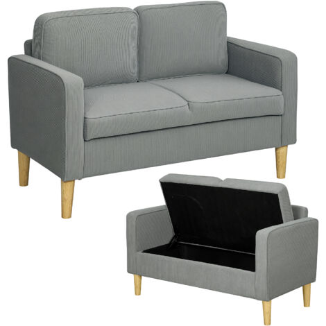 HOMCOM Sofa 2 Sitzer Couch mit 2 Armlehne, Stauraum, Kleine Loveseat mit Cordoptik Holzbeine Modern Polstersofa für Wohnzimmer, Schlafzimmer, kleinen Raum, Hellgrau 117 x 63 x 79 cm