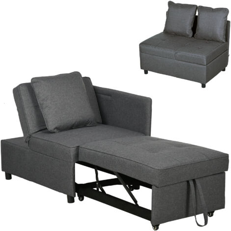 HOMCOM sofá cama 3 en 1 sofá cama de 1 plaza con respaldo ajustable sillón cama individual con almohadas para dormitorio salón apartamento gris