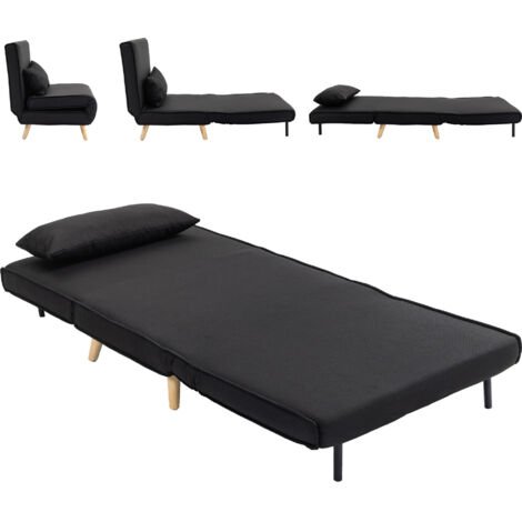 HOMCOM sofá cama individual 3 en 1, sillón cama con respaldo ajustable en 6 posiciones, almohada acolchada, patas de madera, 94x78x80 cm, negro